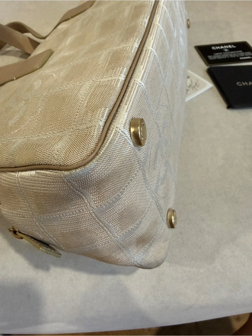 CHANEL Beige Logo Jacquard Satchel with Tan Leather Handles